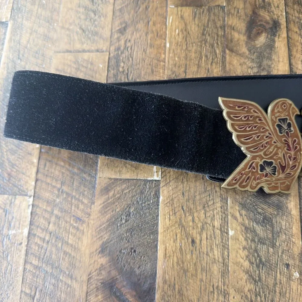Vintage Golden Hands Lee Bernay Belt Brass Enamel Buckle Suede Boho Hippie